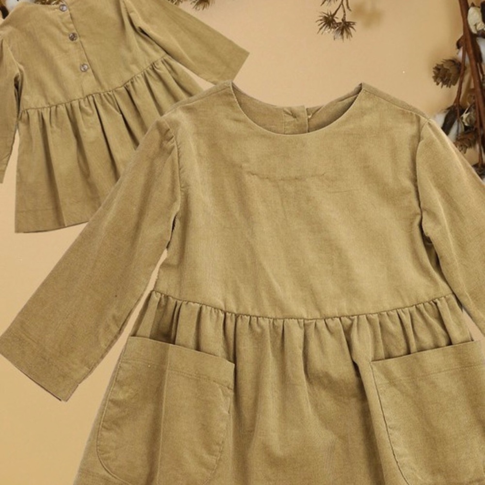 Cotton Corduroy Boxy Loose Fit Long Sleeve Shirt Mini Dress with Pockets - Picture 2 of 5